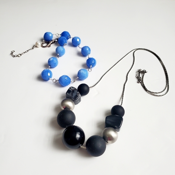 Beaded Statement Necklaces Blue Faceted Strung Beads & Black Onyx Gray Slider - Picture 9 of 9